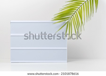 Blank text lightbox with palm leaf on white background. Mockup concept.