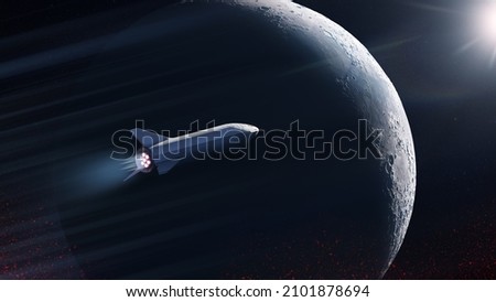 Star ship is flying in outer space on big Moon background. Elements of this image furnished by NASA.
