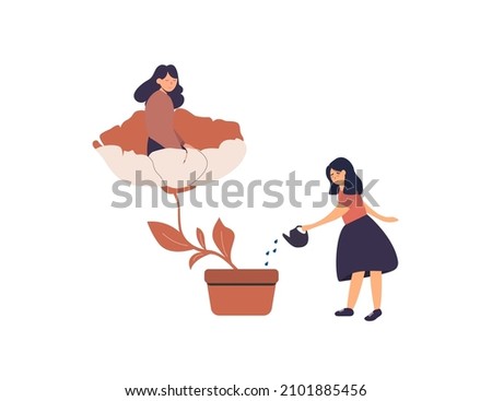 Concern for others. Woman watering and growth flower in which happy girl sits. Tutor cares about the child. Mental health concept. Vector illustration