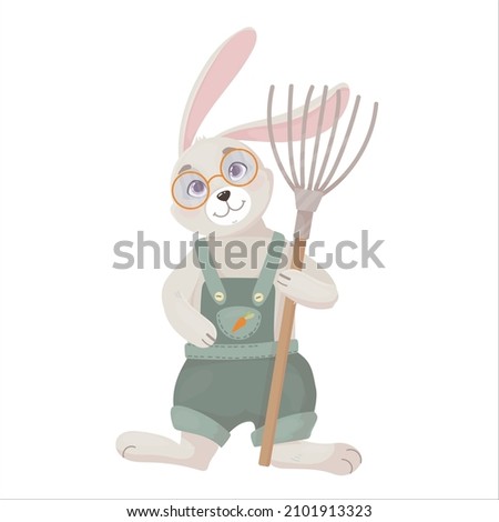 Funny Rabbit in overalls with a shovel in a cartoon style. Hare is a farmer. Vector illustration isolated on white background.