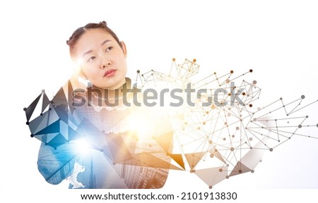 Thinking and creative concept, Asian business woman thinking no idea for working office on white background, Experiencing virtual and technology world. Mixed line data of media, 
