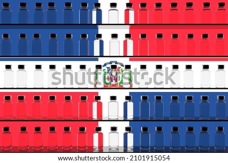 Vaccine bottles and flag of Dominican republic. Vaccination related conceptual 3D rendering
