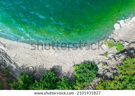 Aerial photography from a drone on the beach, on the banks of the Dniester River, in Ukraine, Bakota