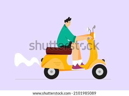 Happy young man riding vintage yellow retro scooter. Vector illustration