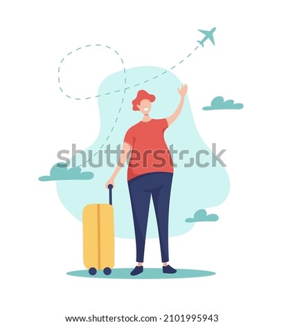 Traveler arrived at the airport. Man with a suitcase stands and waves hand, shows the gesture of the greeting. Clouds and flying plane on background. Travel and tourism concept. Flat character design