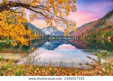 Stunning autumn scene of Vorderer Langbathsee lake. Poppular travell destination. Location: Vorderer Langbathsee, Salzkammergut region, Upper Austria, Austria, Europe. Royalty-Free Stock Photo #2102027335