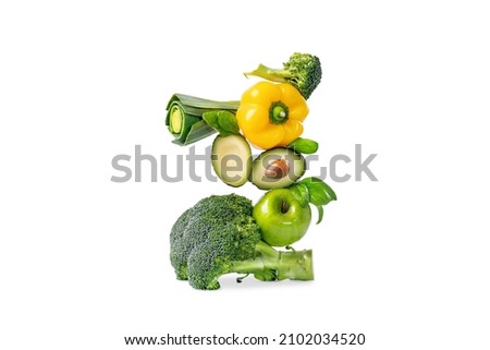 Healthy food concept. Copy space. Healthy Fresh Food Banner Advertising Photography .Food Creative Mockup Healthy Vegetables Fruits Broccoli Avacado Apple. Food concept.Levitation Fresh Vegetables.