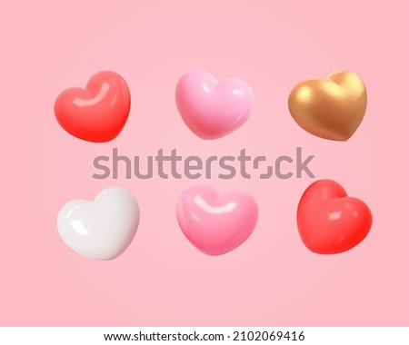 3d cartoon colorful heart shape toy collection, isolated on light pink background. Suitable for Valentine's Day and Mother's Day decoration. Royalty-Free Stock Photo #2102069416