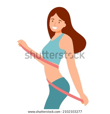 Beauty woman holding measure tape in flat design on white background. Perfect slim body shape. Royalty-Free Stock Photo #2102103277