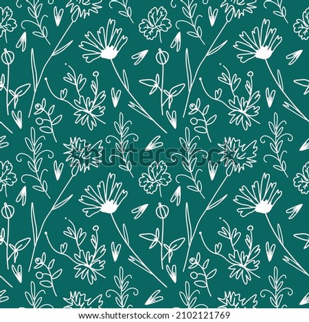 Seamless Minimalistic Floral pattern with white line on trendy green background.Vector,festive,repeating hand drawn print.Designs for textile, fabric, wrapping paper, packaging, scrapbook paper.