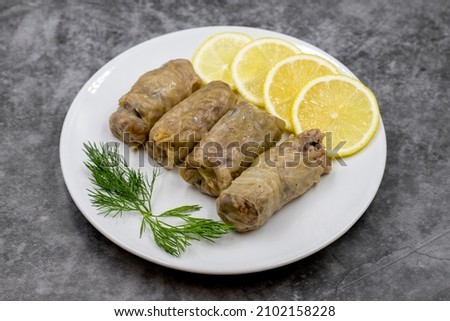 Stuffed cabbage leaves, in a ceramic plate. Vegan cabbage rolls, cooked cabbage leaves, wrapped around a filling of rice, onions and spices. (Lahana sarması) Horizontal view. Close up