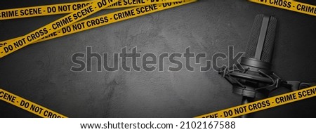 crime podcast banner with police line do not cross and microphone on urban concrete background. Criminal podcast background with copy space.