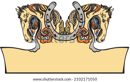 two horses heads in profile and a horseshoe. Flower style. Banner, template, logo. Isolated vector illustration