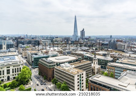 Aerial View of London from viewing platform of St Paul Cathedral, London, UK