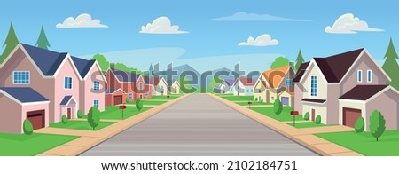 Suburban houses, street with cottages with garages. A street of houses with green trees and a road in perspective. Village. Vector illustration in cartoon style. Royalty-Free Stock Photo #2102184751