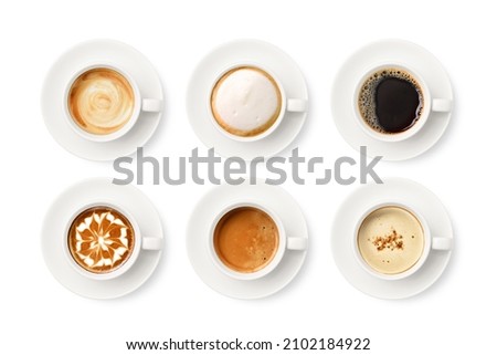 Flay lay of coffee cup assortment isolated on white background. Royalty-Free Stock Photo #2102184922