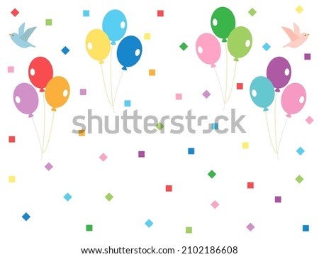 It is an illustration of balloons, confetti and birds.