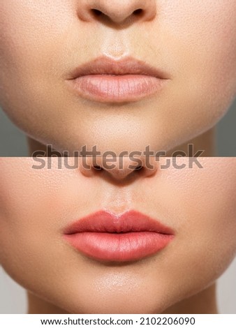Closeup of female lips after permanent makeup lip blushing procedure Royalty-Free Stock Photo #2102206090