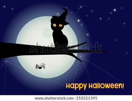 halloween card, black cat with big eyes and spider against a full moon during halloween's night