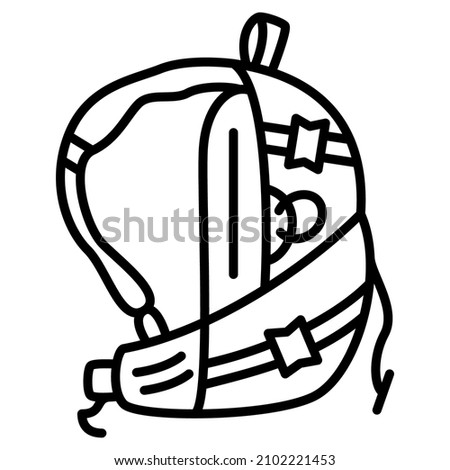 A comfortable backpack with fasteners around the body for extreme sports, tourism, active travel outside. Vector icon, outline, isolated. Editable stroke