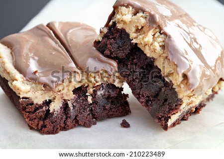 Close up shot of sweet delicious Buckeye Brownies with extreme shallow depth of field.