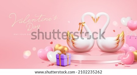 3d Valentine's Day sale promo banner. Swan couple on glass podium with confetti, gift box and heart shape balloons. Soulmate concept. Royalty-Free Stock Photo #2102235262