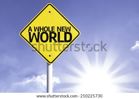 A Whole New World road sign with sun background 