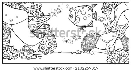 Big fish surrounded by a flock of small fish on the background of the seabed with stones, anemones and algae linear drawing for coloring on a white background 