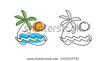 Beach, resort logo. Summer sun with palm tree by sea icon or symbol