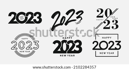 Big Set of 2023 Happy New Year logo text design. 2023 number design template. Collection of 2023 Happy New Year symbols. Vector illustration with black labels isolated on white background.  Royalty-Free Stock Photo #2102284357