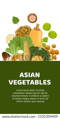 Asian vegetables banner for farmers market, supermarket, menu, recipes. Exotic food from Korea, Japan, China. Oriental cuisine ingredients. Vector cartoon flat illustrations. Royalty-Free Stock Photo #2102304409