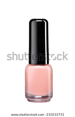 Bottle of cream color nail polish / studio photography of nail polish bottle with black lacquer cap over white background 