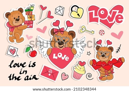 Valentine's day stickers collection with teddy bear, calligraphy lettering and love elements. Fashion patch badges. Vector cartoon illustration. Love animals
