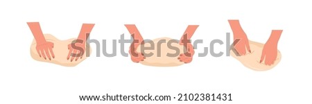 Kneading dough hands. Woman prepares homemade baking or pasta. Top view. Cooking school. Stay home and cook healthy food by recipe. Vector illustration in flat cartoon style.