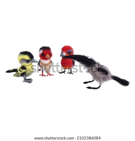 3D image. Illustration for a children's book. goldfinch, squint, crow, finch, tit, tick.