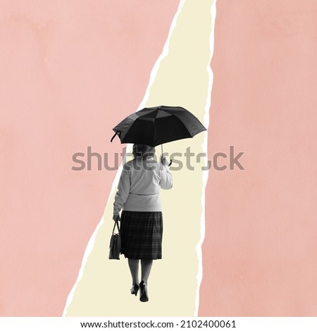 Destiny. Middle age woman going alone her own way isolated on white-pink background. Contemporary art collage. Concept of art, goals, fashion, creativity, vintage style.