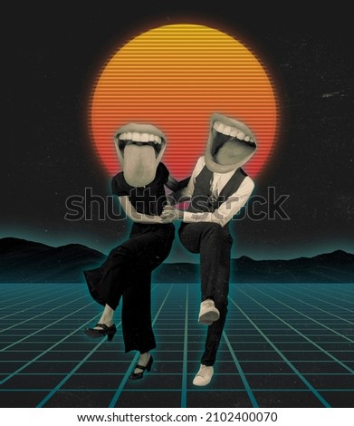 Contemporary art collage. Couple, man and woman with big open mouths instead heads performing retro dance on sunset background. Concept of vintage style, surrealism, imagination, inspiration.
