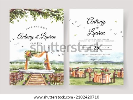 Wedding invitation of nature landscape with beautiful wedding gate view watercolor Royalty-Free Stock Photo #2102420710