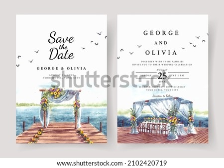Wedding invitation of nature landscape with wedding gate on dock and lake view watercolor Royalty-Free Stock Photo #2102420719