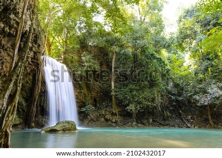 Erawan waterfall in deep forest. beautiful waterfall in Thailand