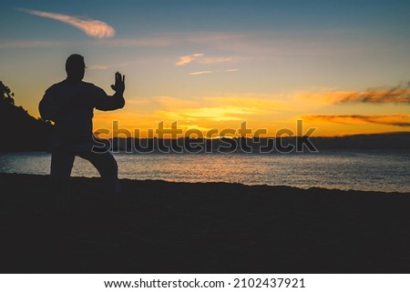 A silhouette of a male practicing martial art on the scenic sunset background