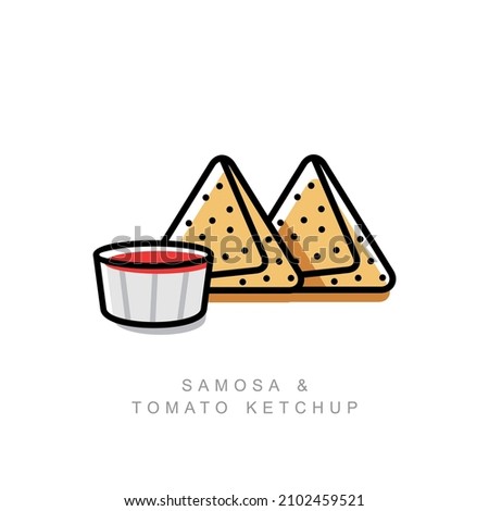 Samosa is a baked and fried indian snack with tomato ketchup simple outline vector Royalty-Free Stock Photo #2102459521