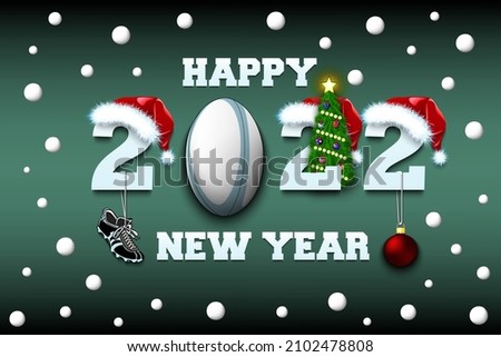 Happy new year. 2022 with rugby ball. Numbers in Christmas hats and Christmas tree ball. Original template design for greeting card. Vector illustration on isolated background