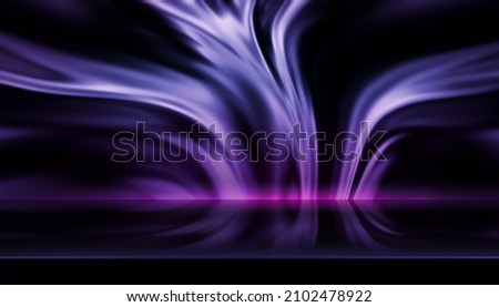 Abstract stage light neon wavy magenta blue-purple glow cyberpunk background. Studio black room 3D texture liquid splash flutter uniquely. Blur curtain dynamic fluorescent backdrop empty illustration