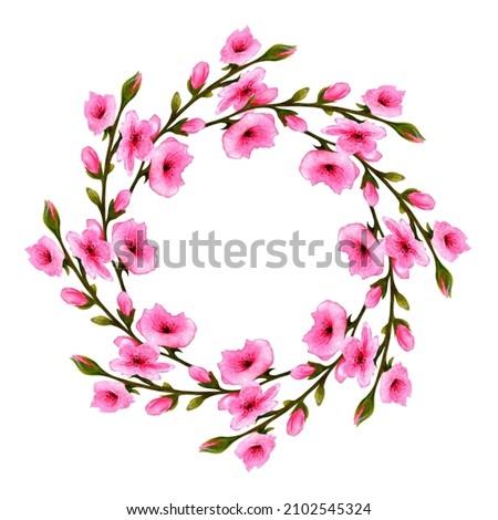 watercolor wreath of twigs with pink flowers isolated on white background.