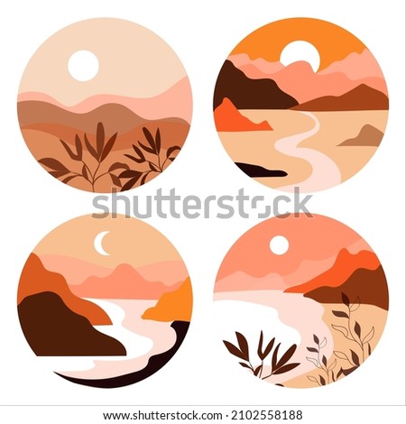 Vector flat illustration with mountains, sun and plants