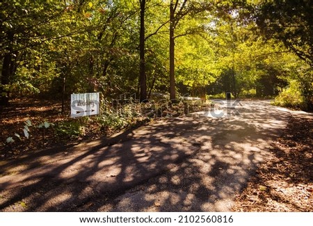 An elegant scene of the green park entrance with a wedding direction sign, natural sunlight with beautiful soft shadow of branches on the pathway. Romantic path to the wedding reception in the garden.