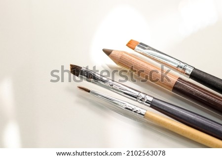 Makeup brushes and pencil for eyebrows. Artistic brushes close-up. Beautiful makeup brushes. 