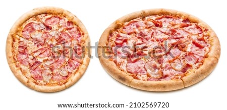 Delicious pizza with bacon, ham, mozzarella and tomato sauce, isolated on white background