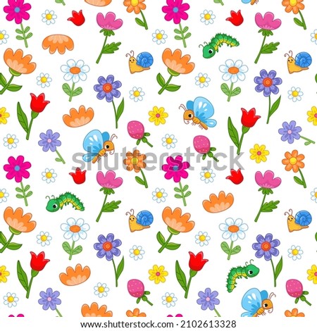 Seamless pattern with cute flowers, insects, caterpillar, snail, butterfly and strawberry. Spring children's decor. Vector illustration in minimalistic flat style, hand-drawn. Print for textiles